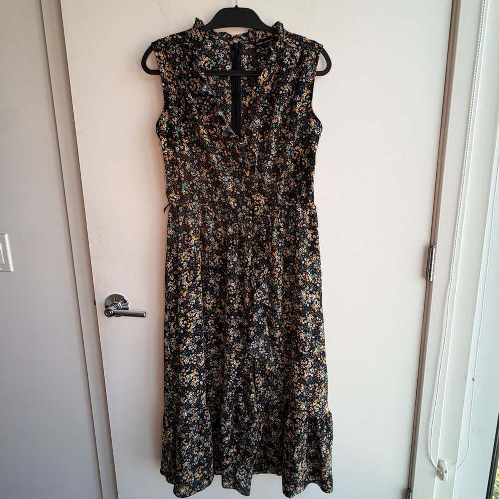Maggy London Black Floral Sleeveless Mock Neck Ruffle Hem Midi Dress Size 12